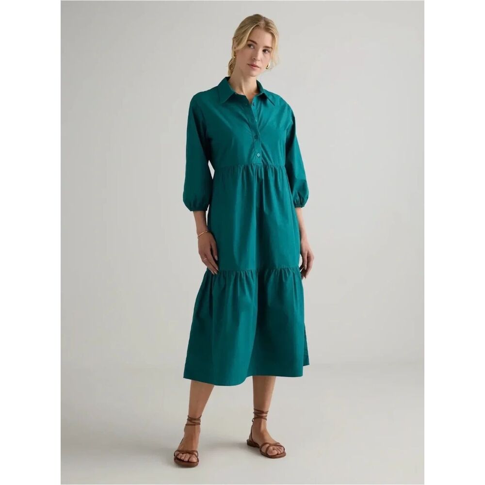 Quince 100% Organic Cotton Poplin Midi Tunic Dress Garden Green S
